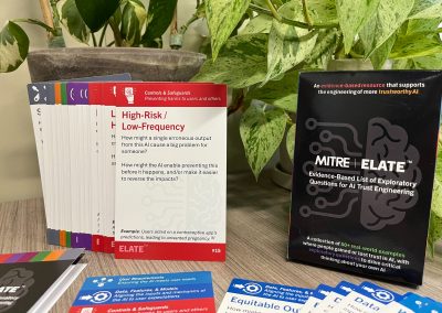 Closeup photograph of the MITRE ELATE Cards unboxed. The box is on the right with title in the center: MITRE ELATE. The text at top of the box: "An evidence-based resource that supports the engineering of more trustworthy AI". And at the bottom: "A collection of 50+ real-world examples where people gained or lost trust in AI, with exploratory questions to drive critical thinking about your own AI". On the left is the deck of cards fanned out. Some cards are gray, others orange, green, purple, and red. The card on top is red and has the text: "High-Risk / Low-Frequency. How might a single erroneous output from this AI cause a big problem for someone? How might the AI enable preventing this before it happens, and/or make it easier to reverse the impacts? Example: Users acted on a contraceptive app's predictions, leading to unwanted pregnancy". A citation number follows the text. The red at the top of the card has an icon and the name of the ELATE focus area containing this card: "Controls & Safeguards. Preventing harms to users and others."